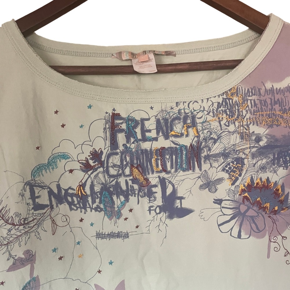 FCUK Women Y2K Fairy Grunge Butterfly Graphic Distressed Tank Top L Green Purple